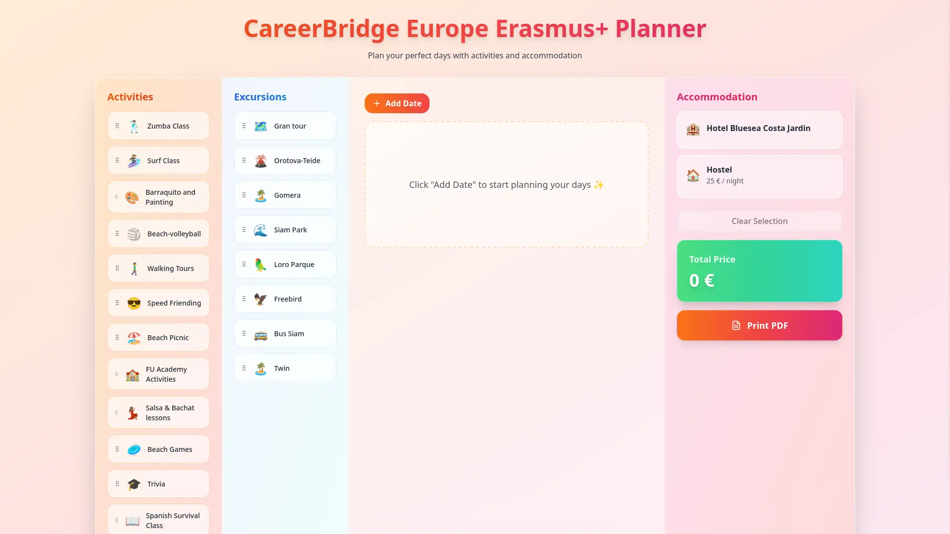 Screenshot of the CareerBridge Europe Erasmus+ planner
